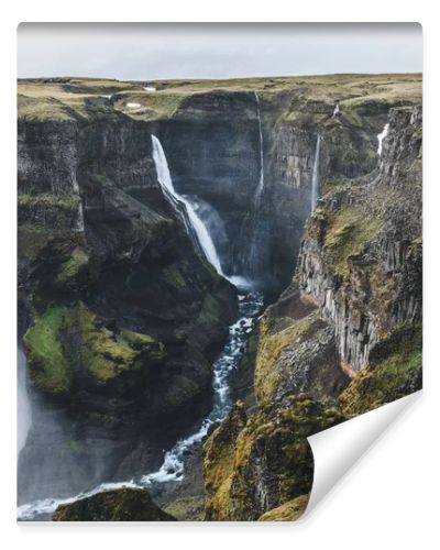 aerial view of icelandic landscape with Haifoss waterfall