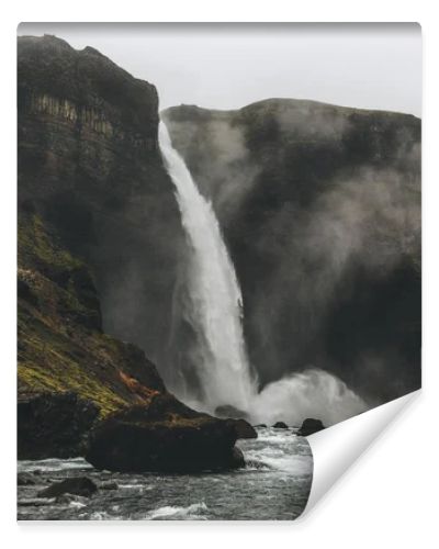 scenic shot of Haifoss waterfall with mist around, Iceland