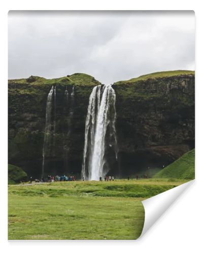 ICELAND - 20 JUNE 2018: beautiful waterfall Seljalandsfoss and tourists under cloudy sky 