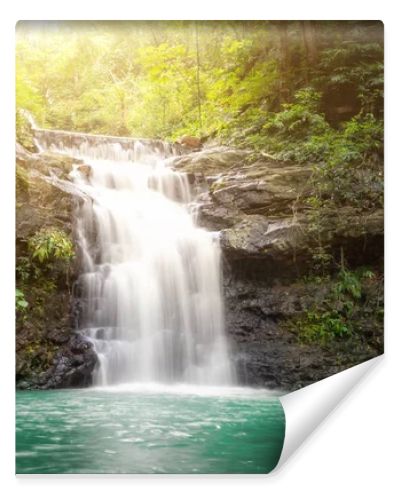 Small waterfall with water splashing and tumbling over the rocks in the forest on a bright sunny