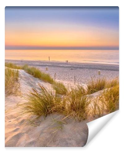 Sunset View over ocean from dune over North Sea and Canal in Ouddorp, Zeeland Province, the Netherlands. Outdoor scene of coast in nature of Europe.