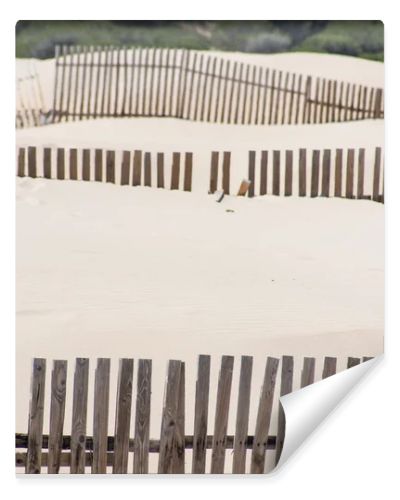 Wooden fences on deserted beach dunes in Tarifa, Spain