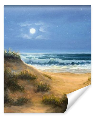 Original  oil painting of ocean beach dunes in the night.Moon and stars on canvas.Modern Impressionism, modernism,marinis