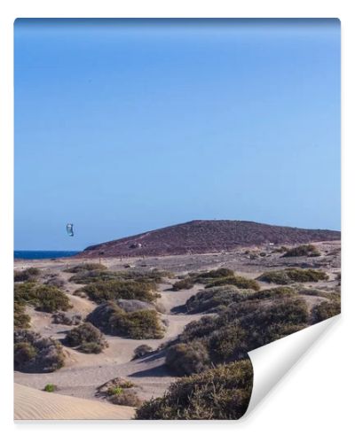 El Medano, Tenerife, Spain  March 1, 2026: Kite surfers riding the waves near sandy dunes of El Medano beach on a windy day. Colorful kites in the blue sky over the Atlantic Ocean, popular destination for water sports and windsurfing in the Canary
