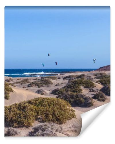 El Medano, Tenerife, Spain  March 1, 2026: Kite surfers riding the waves near sandy dunes of El Medano beach on a windy day. Colorful kites in the blue sky over the Atlantic Ocean, popular destination for water sports and windsurfing in the Canary