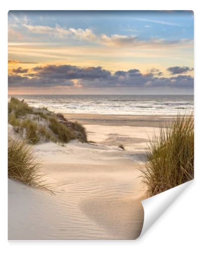 View from dune top over sunset in North Sea from the island of Ameland, Friesland, Netherlands