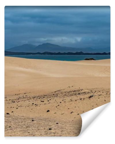 Spain, Canary Islands, Fuerteventura-February 5, 2026: Golden sand dunes stretch toward blue ocean and volcanic mountains beneath cloudy sky, forming dramatic coastal desert landscape.