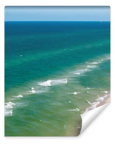 Aerial drone view of long sandy beach and green Baltic Sea coastline with pine forest  summer coastal landscape photography