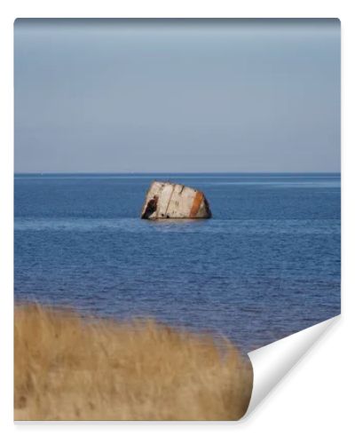 Rusted shipwreck fragment rising from calm sea beyond sandy dune grass, coastal decay, maritime history and Baltic shoreline landscape concept