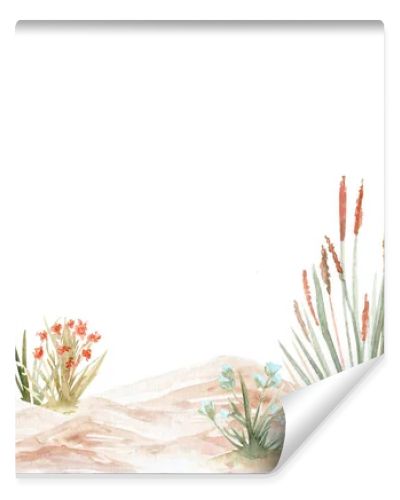 Sandy coastal dunes with wild grasses, flowers watercolor seamless landscape border. Hand painted composition isolated on white for botanical design, boho decor, coastal branding and summer layouts.