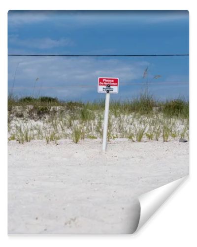 Protected beach dune restoration area marked with a "Do Not Enter" sign and temporary barrier fencing. Coastal vegetation growing on white sand highlights environmental conservation, habitat restoration, erosion control and responsible beach manageme