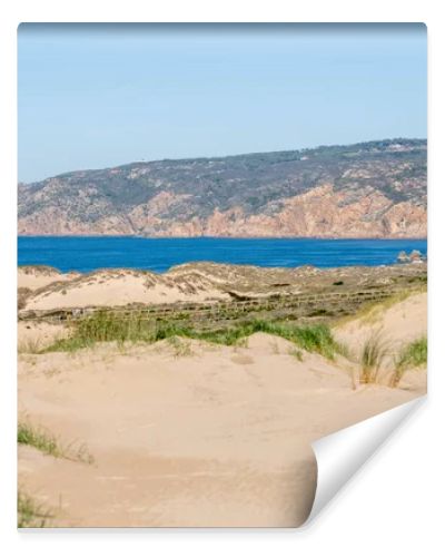 Soft sand dunes with sparse grass leading toward the Atlantic Ocean horizon near Guincho Cascais Portugal.