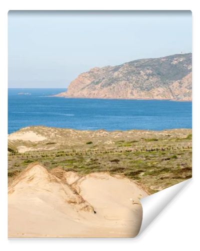 Expansive sand dunes and coastal vegetation with a wide view of the Atlantic Ocean near Guincho Cascais Portugal.