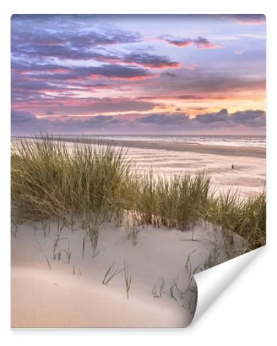 Sunset View from dune top over North Sea from the island of Ameland, Friesland, Netherlands
