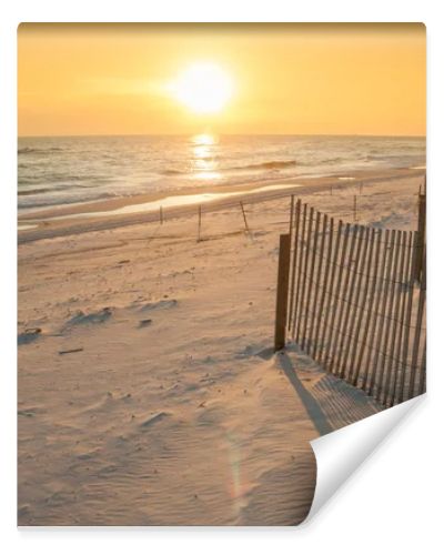 Beautiful Sunset Over the Ocean with Sand Fencing