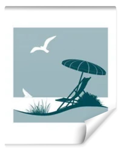 Summer vacation vector symbol with sunshade, deckchair, seagull, sailing boat, beach and the sea