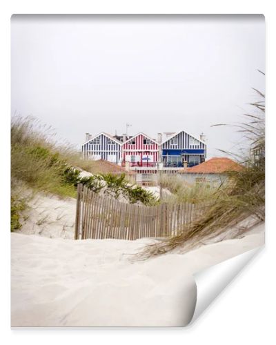 Lovely and quaint beach houses seen from beach dunes. Beach houses with colorful stripes from Costa Nova, Portugal.