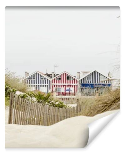 Idyllic and quaint beach houses seen from beach dunes. Beach houses with colorful stripes from Costa Nova, Portugal.