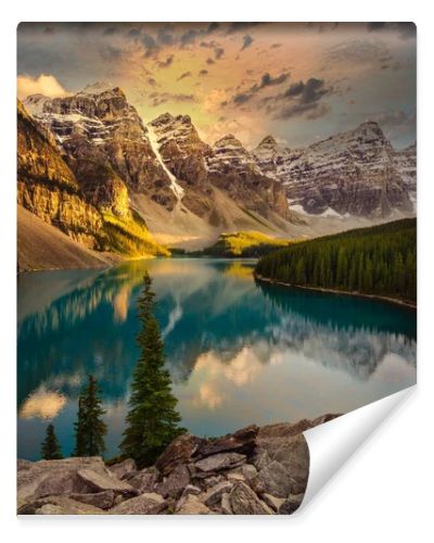 Landscape view of Moraine lake in Canadian Rocky Mountains