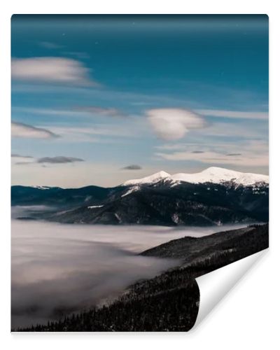 scenic view of snowy mountains with pine trees and white fluffy clouds in dark sky in evening