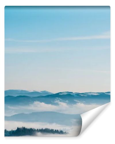 scenic view of snowy mountains with pine trees in white fluffy clouds