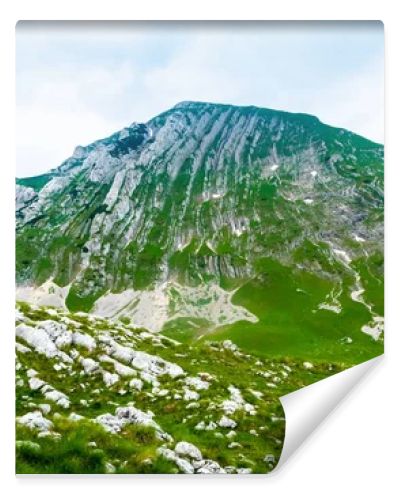 green valley with stones and mountains in Durmitor massif, Montenegro