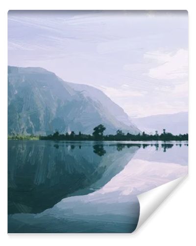 painted blue sky with clouds and mountains and lake 