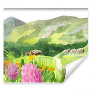 Panoramic image of milk splash, cheese and landscape. Can be used for kitchen skinali. Watercolor