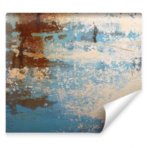 Abstrakcyjne tło gnijącego starego drewnianego niebieskiego panelu łodzi z plamami bieli i brązu prześwitującymi przez blaknącą farbę