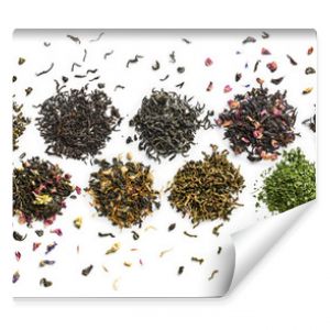 Large assortment of tea on a white background. The view from the top