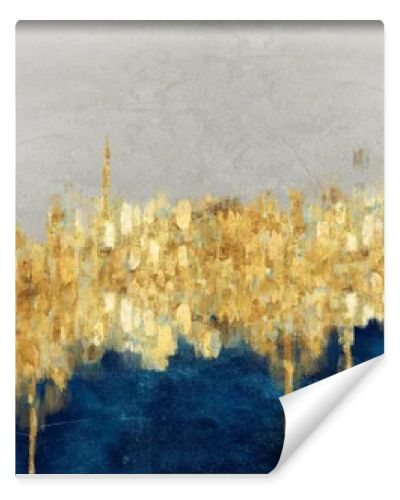 3d minimalist drawing art, wallpaper for wall decor. Resin geode functional, like watercolor geode painting, golden shape. light gray, and blue background