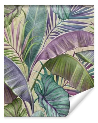 Tropical exotic seamless pattern with vintage banana leaves, palm and colocasia. Hand-drawn 3D illustration. Light beige background. Trendy glamorous design. Good for production wallpapers, gift paper, cloth, fabric printing, goods.