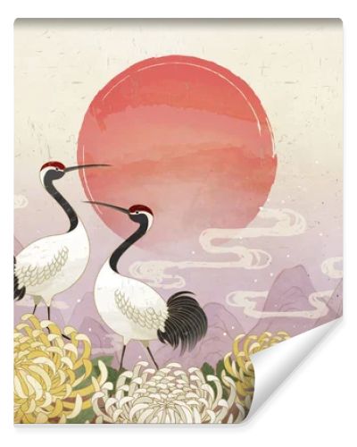 Double ninth festival with red crowned crane and chrysanthemum background