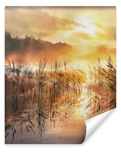 Evening by the lake in evening sunlight watercolor background. Warm colors