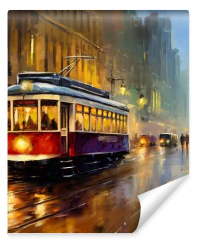 Tram in old city, oil paintings landscape