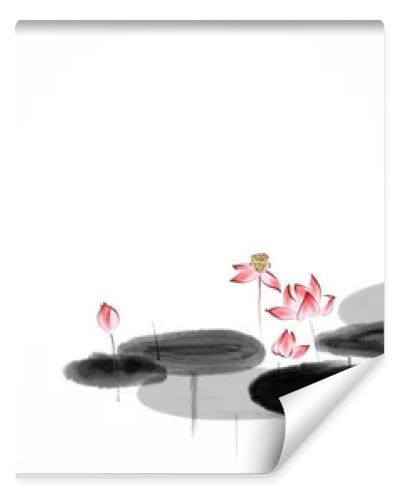 Big red sun over the calm lotus pond. Traditional oriental ink painting sumi-e, u-sin, go-hua. Translation of hieroglyph - flower.