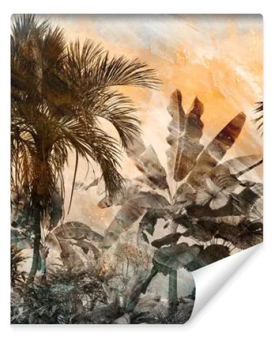 Tropical wallpaper, Tropic trees and leaves, wallpaper design for digital printing- 3d illustration