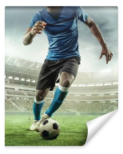 Cropped image of running soccer, football player at stadium during football match. Concept of sport, competition, goals