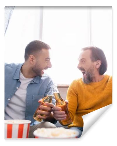 excited interracial dad and son clinking bottles of beer while watching football championship at home