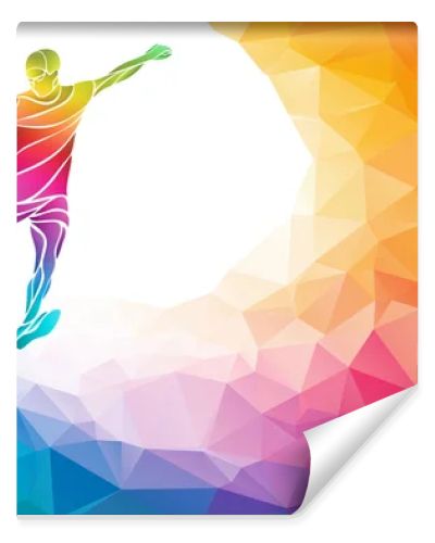 Creative silhouette of soccer player. Football player kicks the ball in trendy abstract colorful polygon rainbow back