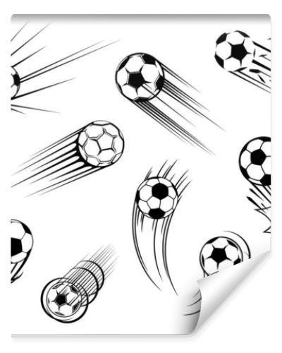 Soccer and football ball flying with goal kick trace, vector icons. Soccer sport club and football college team tournament and sport game match cup balls symbols