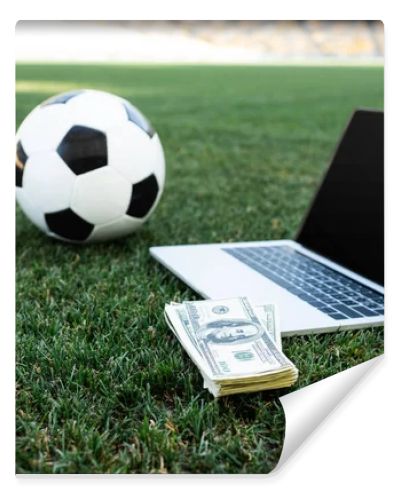 selective focus of soccer ball, money and laptop with blank screen on grassy football pitch at stadium, online betting concept