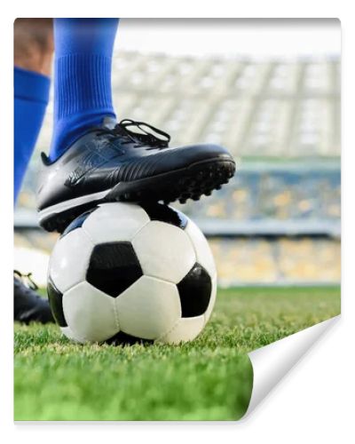 legs of professional soccer player in blue socks and soccer shoes on ball at stadium