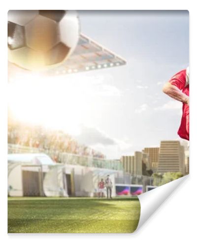 Soccer players in action on the day grand stadium background panorama