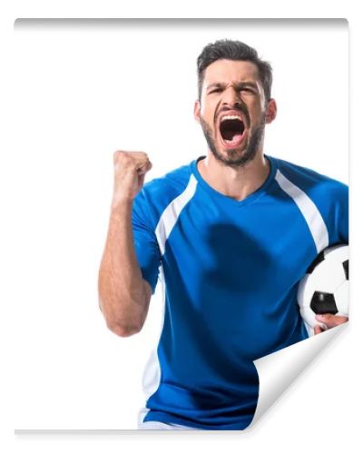 excited soccer player with ball and clenched hand yelling Isolated On White