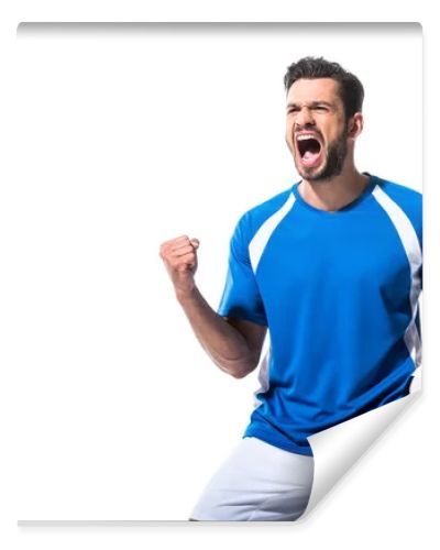 excited soccer player with ball and clenched hand Isolated On White