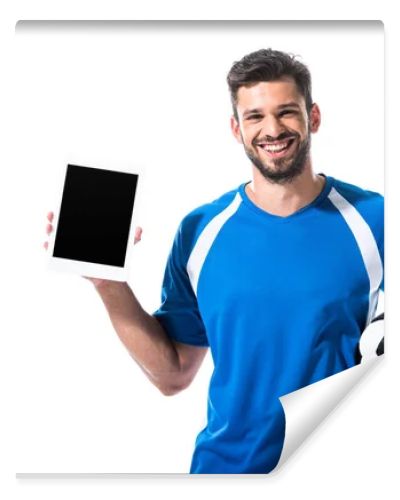 happy soccer player with Digital Tablet and ball Isolated On White