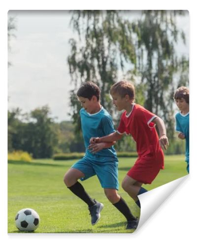 four multicultural kids playing football on grass  