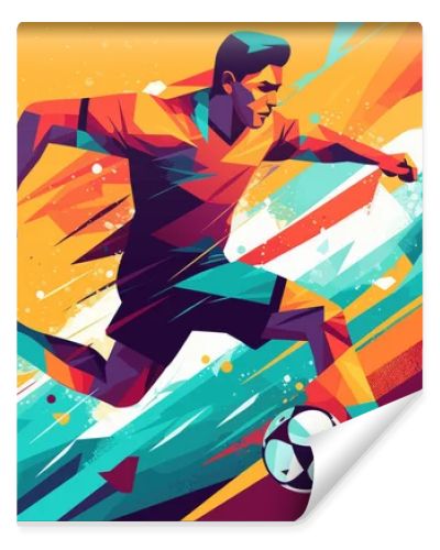 Dribbling soccer player with football ball, flat art style colorful poster, vector illustration.