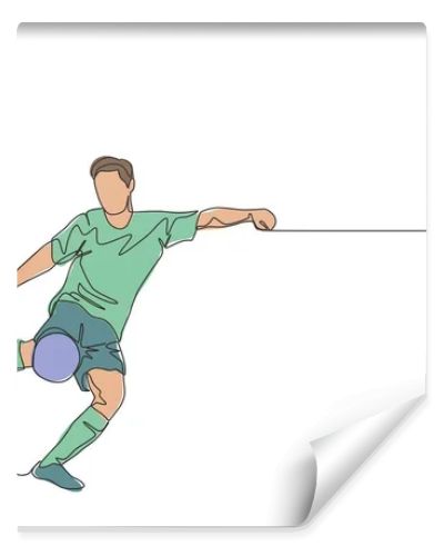 Single continuous line drawing of young energetic football striker shooting a first time kick technique. Soccer match sports concept. One line draw design vector illustration